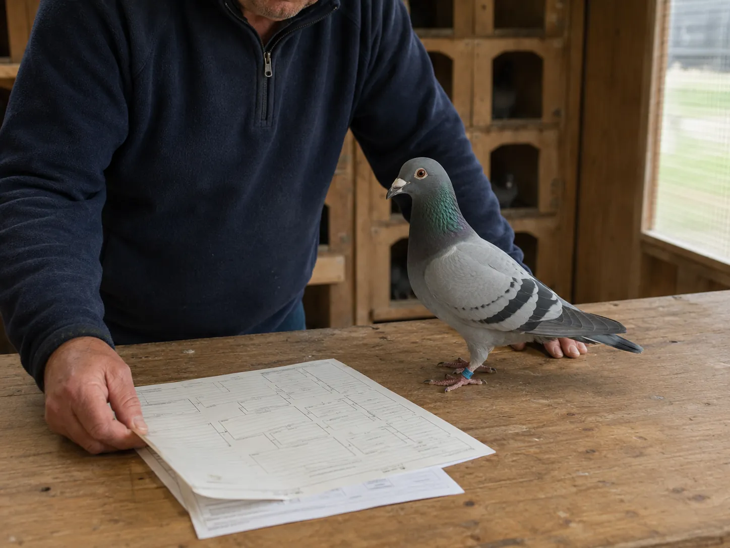 Cena ilustrativa de um criador consultando documentos ao lado de um pombo-correio com anilha, no pombal